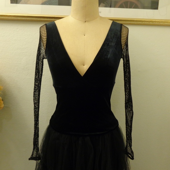 ABS Allen Schwartz Tops - A.B.S Black Fishnet Long Sleeve V- Neck Blouse Top